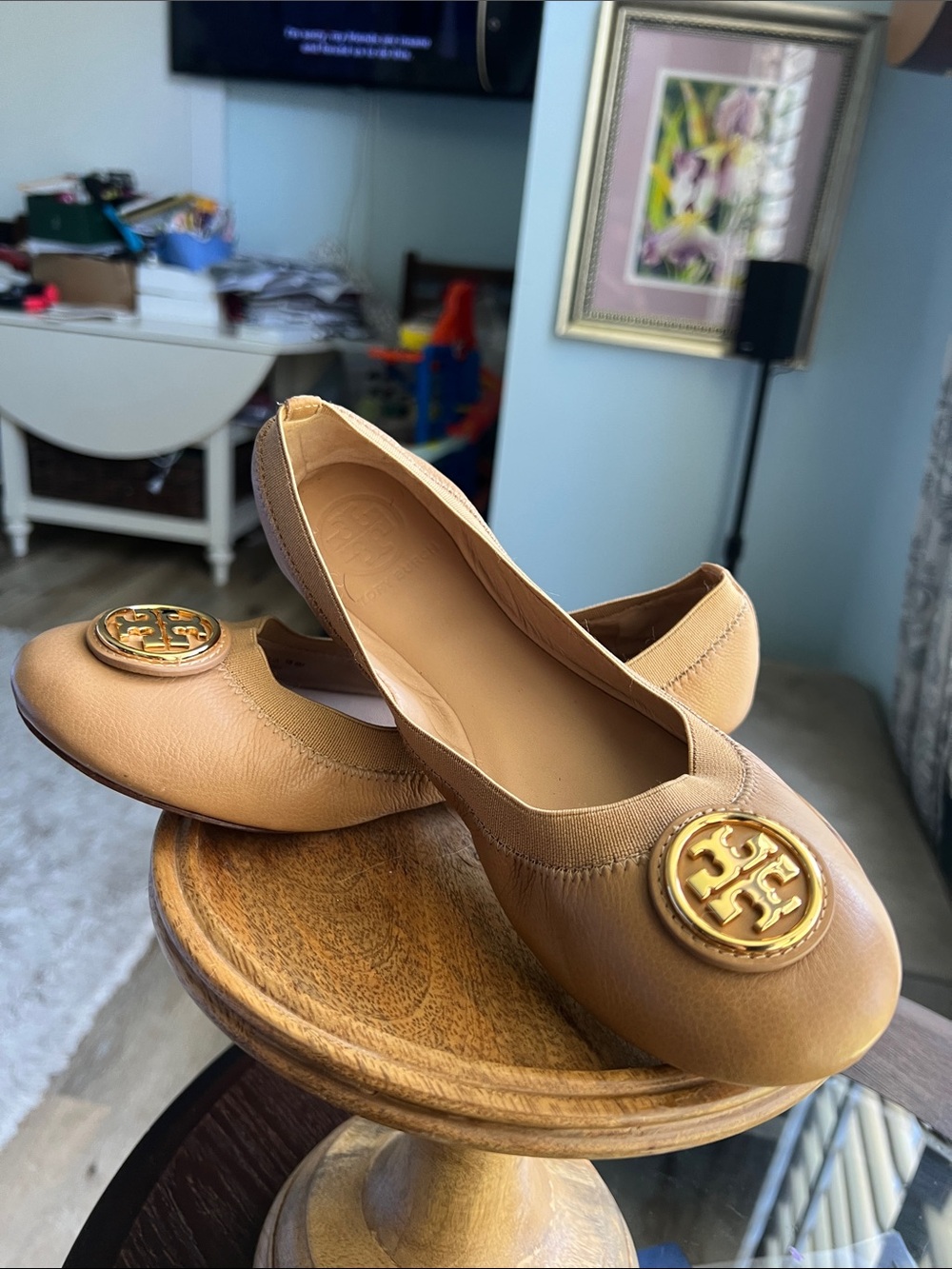 Tory Burch, size 8, Camel Leather Logo Ballet Flats, EUC